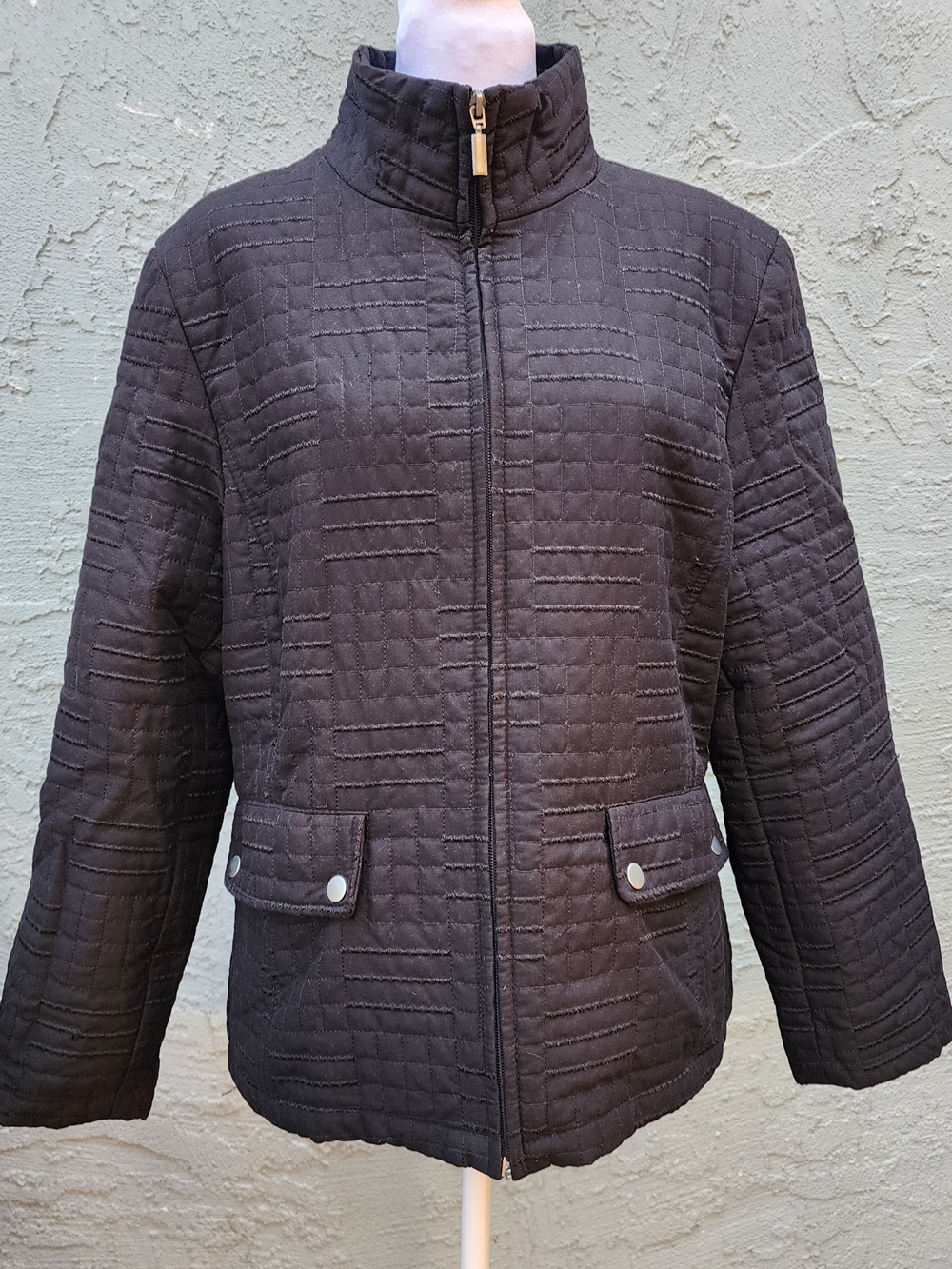 Jane Ashley Black Quilted Lightweight Jacket Mock Neck Zip Up Coat [M]